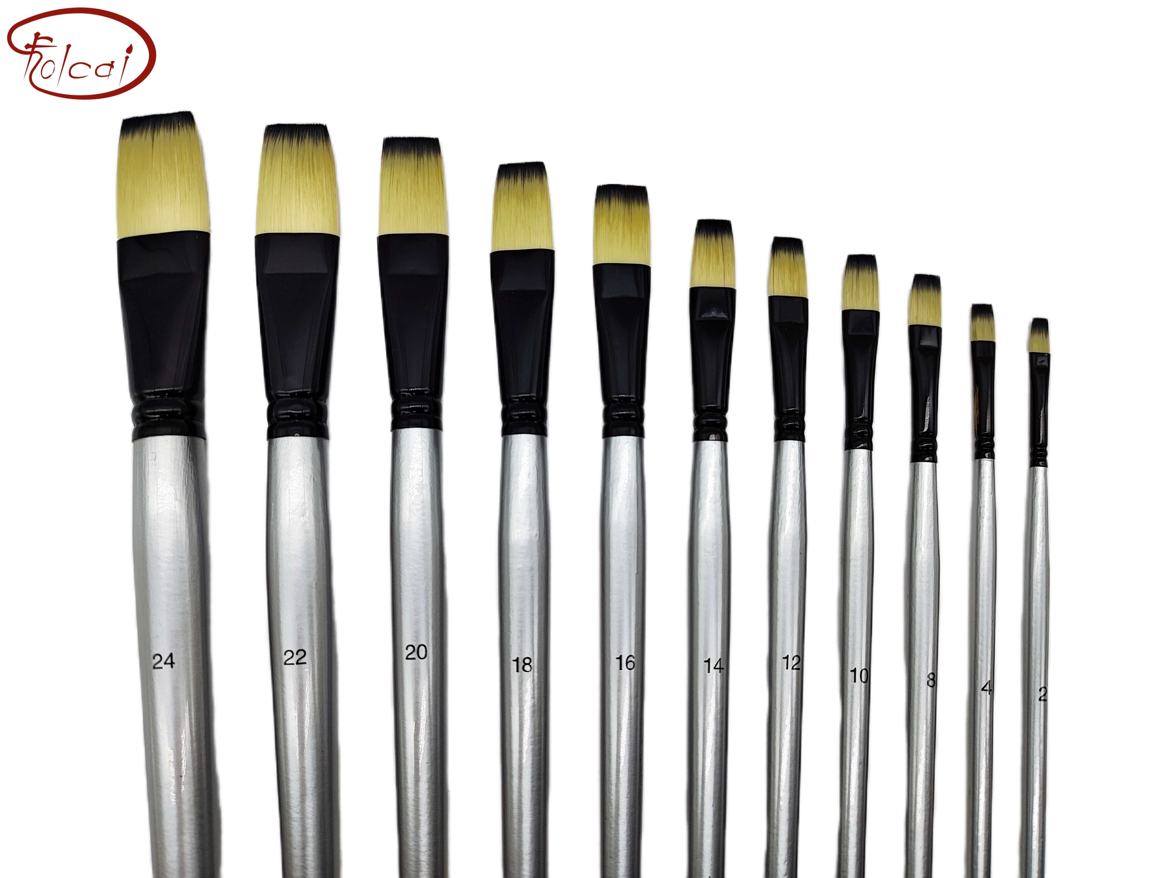 Flat Bicolor Premium Synthetic Brush Set with Black Aluminum Ferrule and Long Handle