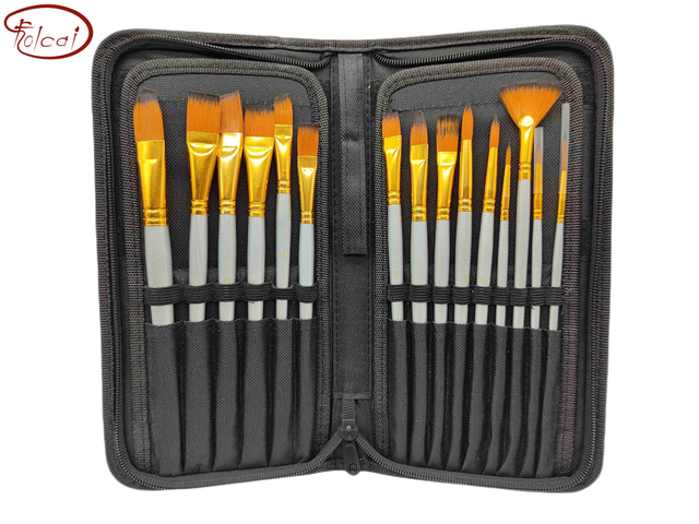 15 PCS Nylon Hair Brush Bag Set with Golden Aluminum Ferrule and Short Handle