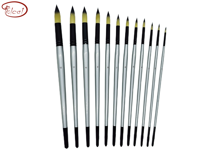 Round Bicolor Premium Synthetic Brush Set with Black Aluminum Ferrule and Long Handle